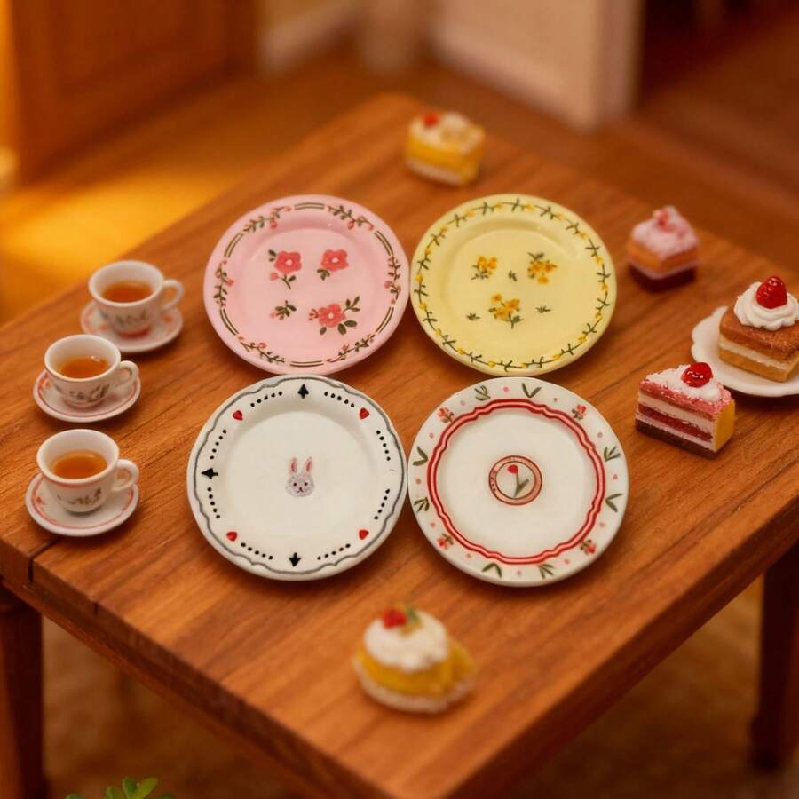 Plato de comida miniatura francés, modelo de juguete de plato de comida clásico, plato floral de resina como accesorio pequeño, decoración de escena DIY - Mini plato de comida simulado - Ver 1