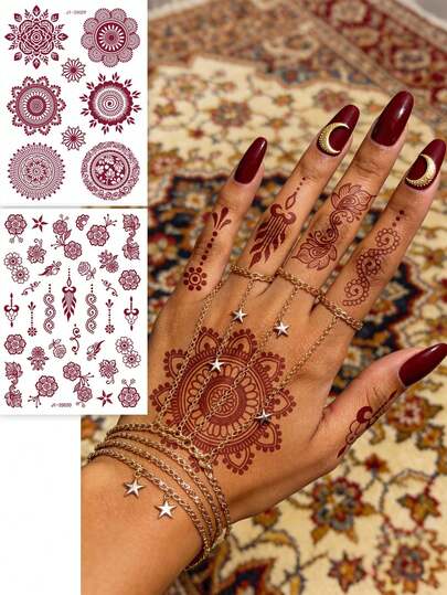 2张异域风情海娜风格临时纹身贴纸，饰有精美曼陀罗和花卉图案，防水持久，易于粘贴，是度假、派对和日常佩戴的理想之选，打造充满异域风情的迷人造型。