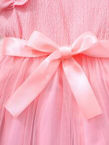 少女甜美不对称肩带网纱拼接荷叶边袖串珠设计派对礼服 - 粉色 - 查看 7