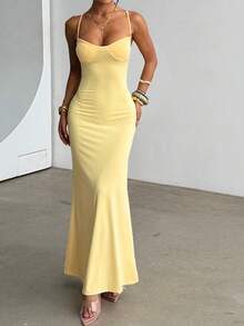 WOWDARK Summer Dress, Yellow Fashionable Women's Casual Minimalist Spaghetti Strap Backless Tie Waist Elegant Dress, Suitable For Carnival, Dates, Gatherings, Parties, Travel, Vacation, Beach And Other Occasions - Yellow - View 3