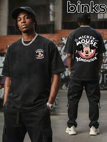 Disney Mickey Mouse  Pattern Printed Short Sleeved T-Shirt, Washed With Water To Create A Vintage Style, Breathable, Loose, And Casual, Suitable For Daily Home Use, Spring And Summer Men's Short Sleeved Tops. - 黑色 - 查看 1