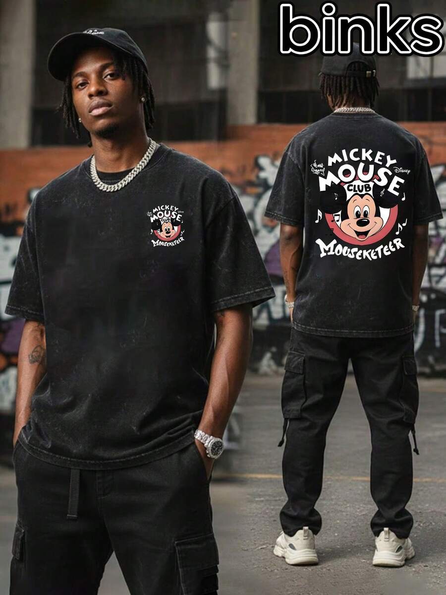 Disney Mickey Mouse  Pattern Printed Short Sleeved T-Shirt, Washed With Water To Create A Vintage Style, Breathable, Loose, And Casual, Suitable For Daily Home Use, Spring And Summer Men's Short Sleeved Tops. - 黑色 - 查看 1