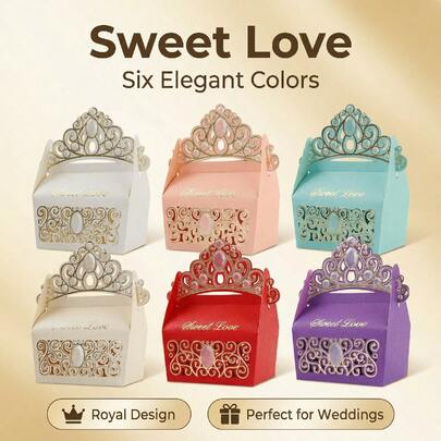 6色婚礼皇冠造型纸质礼盒，适用于婚礼回礼、糖果、巧克力、礼品包装