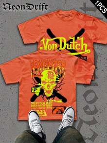 SummerNeonDrift Street Double-Sided Printing Cotton T-Shirt 100% Cotton Fabric Unisex Style-Men T Shirt Skull Graphic Print Neon Yellow Orange Cross Design Streetwear Fashion Casual Wear For Urban Style Fans Hip Hop Look Breathable 100 Cotton Comfortable FitLoose And Comfortablesummer Clothes - 橘色 - 查看 11