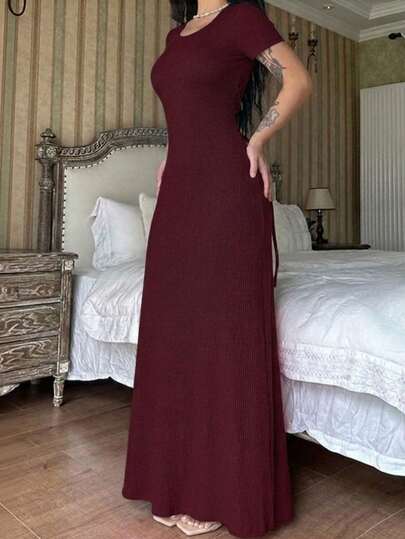 Women's Autumn Dress, Fashionable Solid Color U-Neck Waist Cinched Short Sleeve Casual Dress, Suitable For Teachers, Back To School, Commuting, Daily Wear, Valentine's Day, Outdoor Activities Elegant Summer