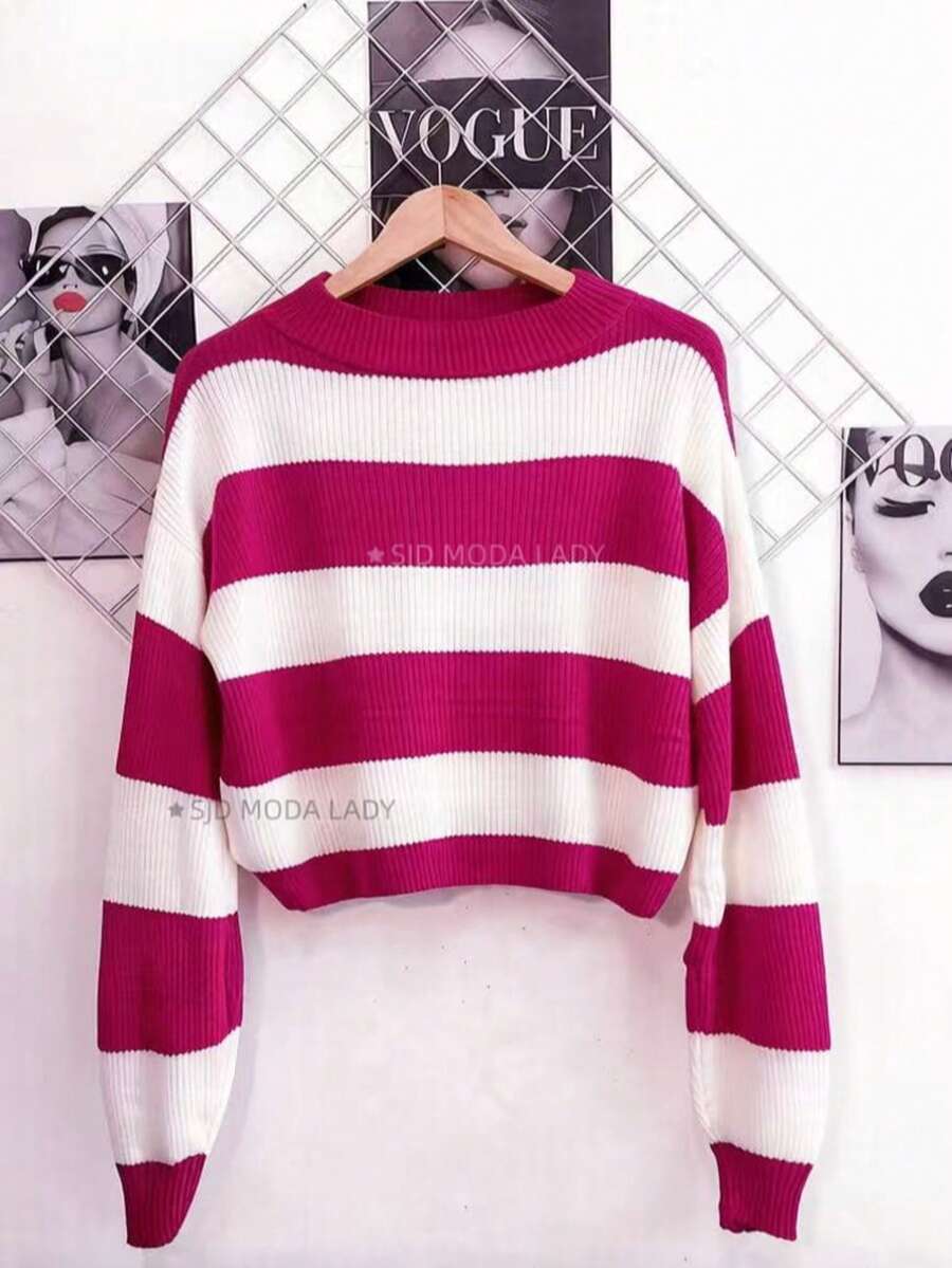 SJD MODA LADY Striped Sweater Knit Modal Off Shoulder Super Autumn Winter Korean Style Best Fabric - Stripe Rose Red White - View 1