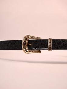 Women's Thin Belt With Vintage Gold Buckle, Elegant Adjustable PU Leather Belt For Dresses, Jeans, And Women's Fashion - 黑色 - 查看 2
