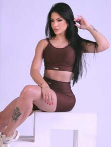 Women's Comfortable Fitness Set For Gym Workouts, High Waist, Padded Bra - Rỉ Nâu - Xem 2