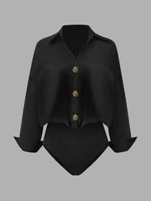 Women's Black Long Sleeve Jumpsuit Shirt, Featuring Collar And Button Front Design, Made Of Non-Stretch Fabric For Smooth Silhouette - Black - View 1