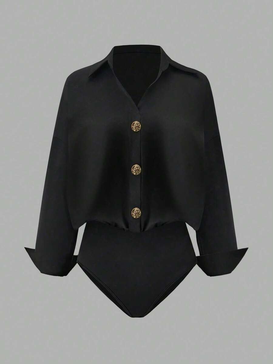 Women's Black Long Sleeve Jumpsuit Shirt, Featuring Collar And Button Front Design, Made Of Non-Stretch Fabric For Smooth Silhouette - Black - View 1