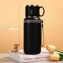 Termo de Acero Inoxidable de 800 ml con Taza y Correa, Botella Térmica para Agua Caliente y Fría, Ideal para Viajes y Deportes - Negro - Ver 2