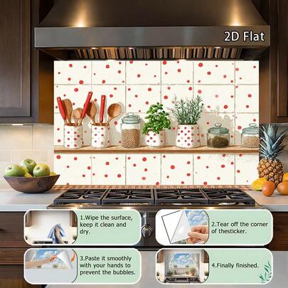 1 Piece Red Polka Dot Kitchen Wallpaper Sticker | Self-Adhesive, PVC Material, Modern Style, Rectangular, Suitable For Kitchens, Dining Rooms, Cafes, And Wooden Shelf Wall Decorations.