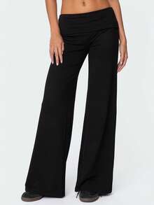 Fold Over Yoga Pants For Women Elastic Waist Low Rise Straight Leg Sweatpants Y2k Solid Color Stretchy Loose Gym Lounge Leggings Back To School Clothes For Teen Girls - màu đen - Xem 2