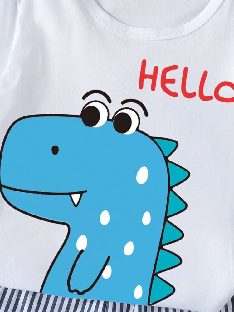 两件套幼儿男童绅士时尚恐龙印花短袖T恤和松紧腰短裤套装，夏季服装，可爱时尚运动服，适合新生儿，生日礼物，适合户外、休闲、派对等场合 - 藍色 - 查看 5