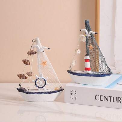 1pc Mediterranean Wooden Sailboat Decor, Cracked Shell Small Boat Model, Home Decor, Ocean Style Store Display