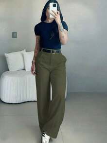 Women's High Waist Wide Leg Pants |   Spring Women's Clothing |   Casual Elegant Office Pants |   Spring Casual Wear |   Solid Color Loose Straight Bottoms |   Spring Apparel |   Women's Casual Wear |   Soft Comfortable Casual Pants |   Women's Casual Clothing |   Minimalist Fashion Workwear |   Casual Suit |   New Year Preparation |   Essential For Spring & Autumn, No Belt Included - 軍綠色 - 查看 2