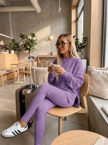 Women's 2 Piece Loungewear Set - Soft Ribbed Oversized Sweatshirt & High Waist Leggings-Ultra Soft Pajama Set For Women  - Casual Tracksuit For Airport Outfit & Lounging-Cozy Matching Outfit For Travel Yoga Home - 紫色 - 查看 7