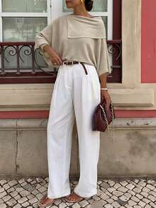 Asymmetrical Knit Batwing Sleeve Regular Length Top For Women - Khaki - View 3