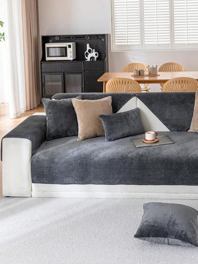 1pc Geometric 3D Solid Color Velvet Quilted Sofa Cushion, Minimalist Style, Non-Slip Back, Pet-Friendly, Soft Multi-Functional Anti-Dirty Anti-Dust, Holiday Decor Sofa Cover, Suitable For Backrest, Armrest, All Seasons - Grey - View 3