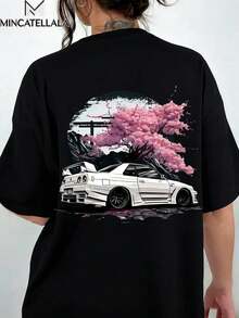 2026 Top JDM Car Cherry Blossom Landscape Pattern Men's T-Shirt, Men's Clothing, Printed T-Shirt, Men's Gift, Holiday Outfit, Casual Loungewear, Fashi - 黑色 - 查看 2