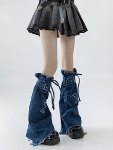polve 1 đôi tất ống chân phong cách Y2K retro grunge màu đen và xám bạc, in hình ngôi sao, có dây đeo, ống loe ôm sát. - Màu xanh lam (phù hợp với bắp chân có chu vi lên đến 38cm) - Xem 5