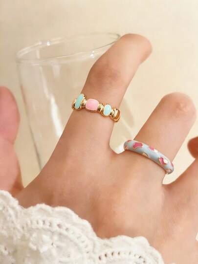 2pcs Enamel Color Ring Set, Niche High-End Delicate Sweet Elegant Minimalist Versatile Jewelry Accessories For Women, Suitable For Daily, Gathering, Date, Party Wear