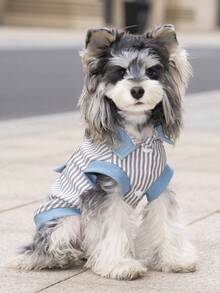 复古条纹狗狗背心，牛仔撞色设计小熊贴片宠物背心，时尚又可爱 - 淺藍色 - 查看 9