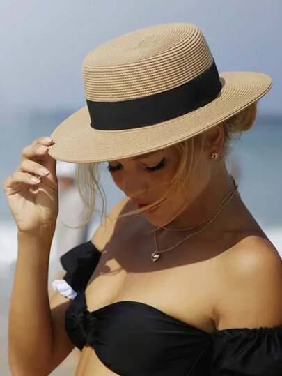 New Large Head Circumference French Flat Top Straw Hat Women'S Summer Seaside Fedora Large Size Plus Size Sunscreen Sun Hat