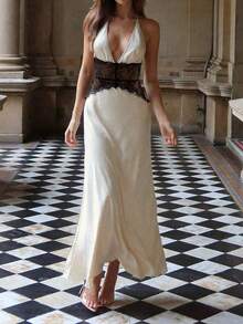 Vestido largo de mujer con cuello halter y panel de encaje transparente en la cintura, vestido elegante de unicolor para fiesta de verano - Albaricoque - Ver 4