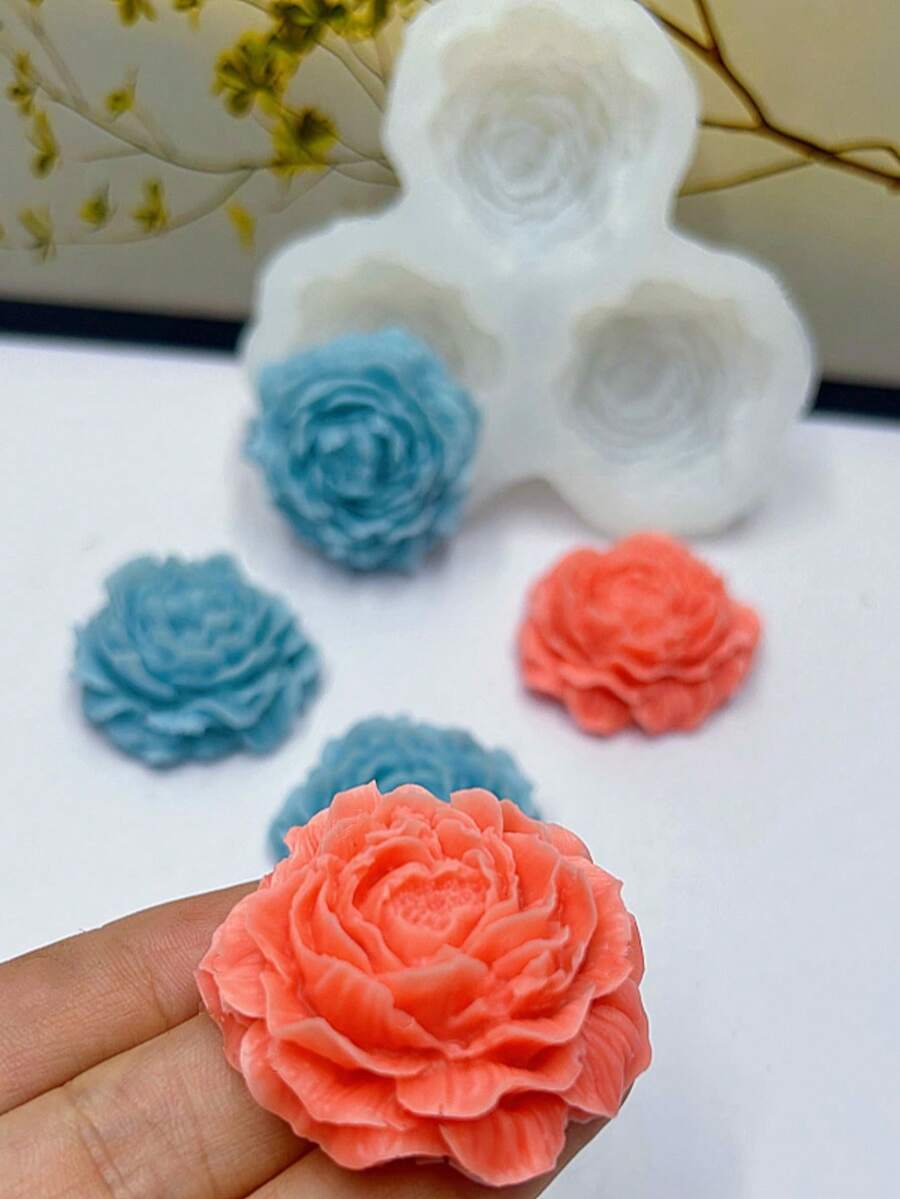1个三合一牡丹玫瑰花硅胶模具，DIY树脂浇铸，粘土工艺模具 - 白色 - 查看 1