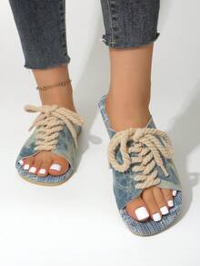 Women's Sandals, Denim Women's Shoes, Punk Style Women's Flat Sandals, Slide Sandals - Baby Blue - View 2