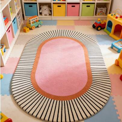 1pc Oval Radial Striped Pattern Kids Room Decorative Floor Mat, Decorative Carpet, Bedroom Decor, Small Rug, Carpet, Home Decor, Living Room Carpet, Living Room Small Rug, Bedroom Carpet, Living Room Home Decor, Outdoor Rug, Washable Carpet