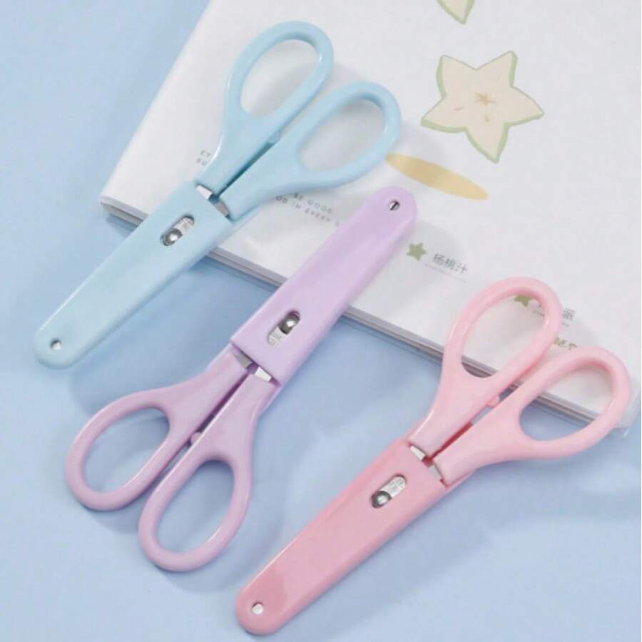 Tri-Color Stainless Steel Scissors With Rounded Tips – Stainless Steel Blades With A Protective Cover. Portable Multi-Purpose Scissors In Pink, Purple, And Light Blue. Ergonomic Design Suitable For Office, School, Home, And Art Projects. Cuts Fabric, Paper, And Metal Wire. Decorative And Lightweight. - Multicolor - View 1