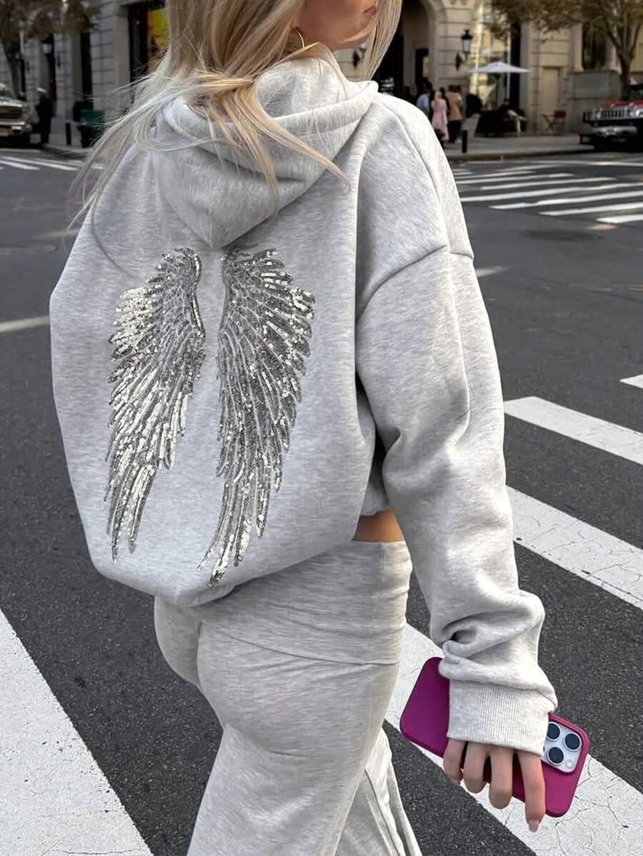 Casual Embroidered Angel Wings Sweatshirt - Light Grey - View 1
