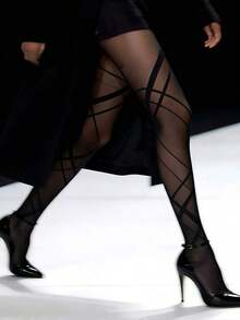 Plus Size Women's Elegant Asymmetrical Diamond Pattern Pantyhose, Black, High Elasticity, Suitable For All Seasons.This Plus Size Sheer Pantyhose Is Versatile And Can Be Paired With Various Outfits To Showcase Youthful Vitality, Sexiness And Fashionability. - 黑色 3 - 查看 4