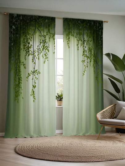 2pcs Green Vine And Leaf Pattern Semi-Blackout Bedroom Curtains, No-Drilling Rod Design, Rod Pocket Hanging, Fresh Spring Style Living Room Curtains, Kitchen Curtains, Suitable For Home Decoration, Room Decoration, House Decoration Partition, Polyester Material, Machine Washable And Hand Washable