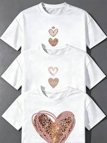 Conjunto de 3 Camisetas de Manga Corta para Mujer Hechas de Algodón Suave y Transpirable con Diseños de Corazones Divertidos y Modernos Ideales para Usar en el Día a Día Ocasionales o para Sali - 3 piezas blancas - Ver 1