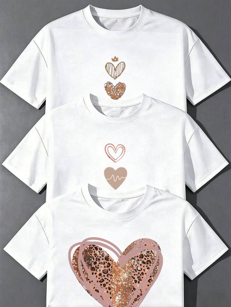 Conjunto de 3 Camisetas de Manga Corta para Mujer Hechas de Algodón Suave y Transpirable con Diseños de Corazones Divertidos y Modernos Ideales para Usar en el Día a Día Ocasionales o para Sali - 3 piezas blancas - Ver 1