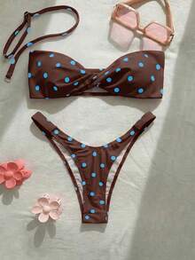 New Fashionable Sexy Polka Dot Print Strapless Detachable Strap Bikini Swimwear For Women, Beach Party Summer Vacation - Brown - View 2