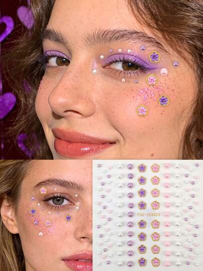 1 pieza Pegatinas decorativas faciales exquisitas y dulces, con perlas 3D, patrones de flores con brillo y elementos de puntos degradados de rosa a morado, suaves y versátiles para combinar con cualquier maquillaje, ideales para citas, fiestas y uso diario, agregando un toque delicado y soñador a tu apariencia