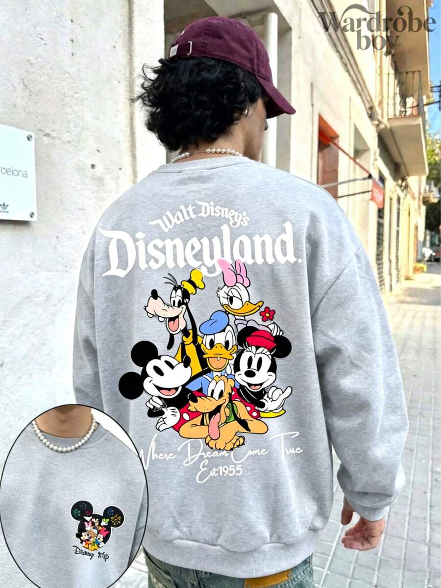 Disney Printed Pullover Sweatshirt, Walt Disney Mickey And Friends Printed Pullover Sweatshirt, Disneyland Gift.High-Quality, Suitable For Spring And Autumn, Comfortable And Breathable | Exquisite Design | Best Choice For Gifting - 淺灰色 - 查看 1