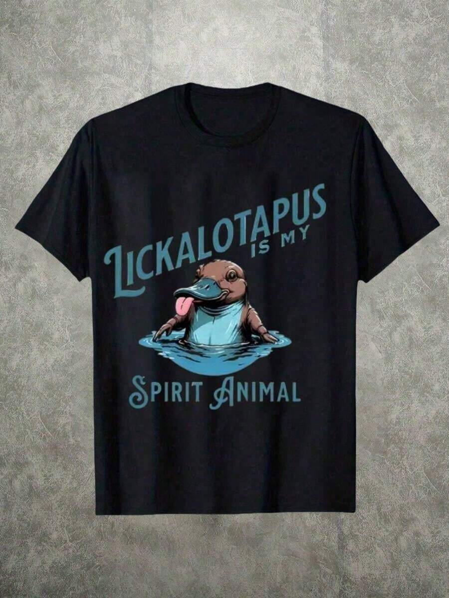 Advanced (Camiseta de Algodón Puro 220G) 1 Pieza, Camiseta Casual de Manga Corta con Cuello Redondo para Hombre, Estampado Gráfico y Texto "Lickalotapus Es Mi Animal Espiritual", Mostrando un Sentido de Individualidad Peculiar, Nuevo Producto - Negro - Ver 1