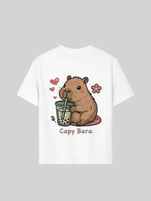 Tween Girl Cute Capybara Print T-Shirt, Soft And Comfortable Fabric, Suitable For Girls Outdoor Sports, Casual Wear, Street Style, Campus Style, Fashionable Girls Spring/Summer Casual Versatile Top - White - View 5