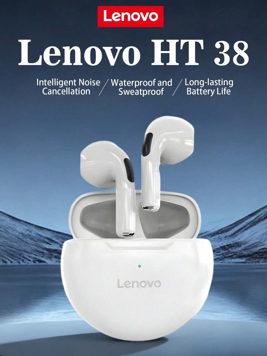 Lenovo HT38 Bluetooth Headphones Wireless Sweat-Proof Sports Earbud With Microphone High-Definition Sound Powerful Bass Long Battery Life, Lightweight And Comfortable, For Women And Men Gifts. Available In Black Or White. Suitable For Running, Exercising, Commuting, Holidays And Calls. Air Pods Lenovo Earphones - White - View 1