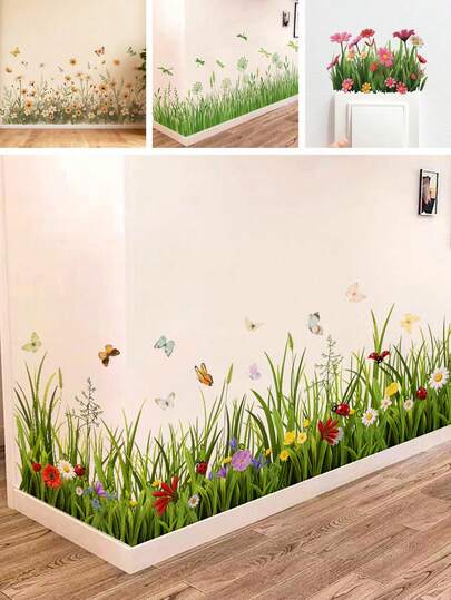 BRUP 1 Sheets Realistic Meadow Garden Wall Decals, Fluttering Butterflies In Colorful Flowers And Grasses,3D Removable Peel And Stick Wall Stickers For Living Room Or Nursery Along Baseboard, Cottagecore Meadow Theme Art