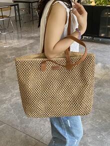New Arrival Minimalist Hollow Straw Beach Bag, Casual Lightweight Shoulder Tote Bag For Women - Khaki - View 4