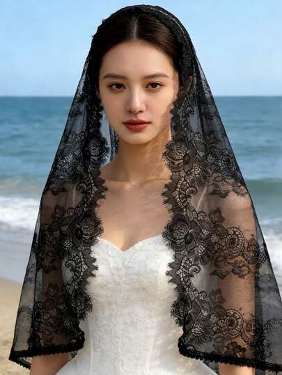 1pc Women's Lace Rectangular Headscarf/Hood, Suitable For Weddings, Banquets, Parties Or Photography. Hand Wash Or Dry Clean, Elegant And Graceful.