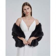 1  Elegant    Polyester    Women Long Shawl Cloak Cape   Winter  Warm   Faux Fox Fur  For Party - 黑色 - 查看 3