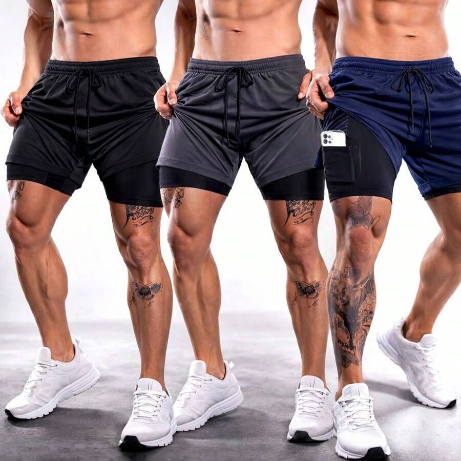 Kit Of 3 Men's Compression Fitness Shorts, Dry Fit, For Gym, Training, Running, CrossFit, Soccer - MultiWarna - View 1