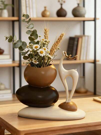 1 Set Stacked Deer Flower Vase, Geometric Stone Flower Vase Set, Fashionable And Elegant Design, Desktop Decor, Vase, Suitable As Home And Office Gift, Birthday, Graduation, Mother's Day Gift, Also Can Be Used As Home Decor Accessory, Best Gift